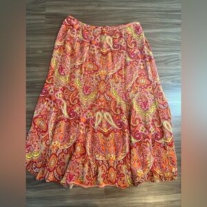 Talbots 100% Silk Paisley A-Line Skirt Orange Pink Yellow Size 14W
